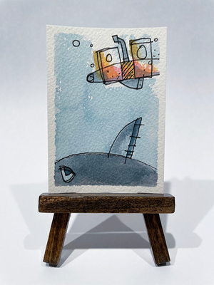 Red Submarine aceo art card thumbnail 2