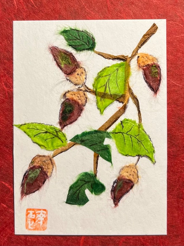 Japanese Washi art-Acorn branch aceo art card