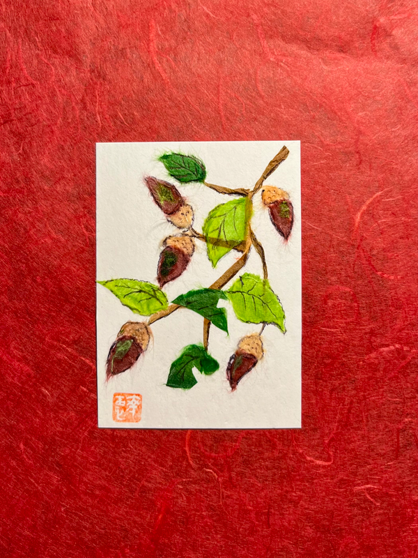 Japanese Washi art-A corn branch aceo art card