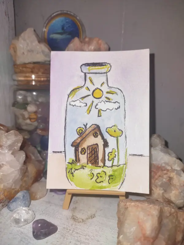 ACEO Original Art, Tiny Terrarium, Snail, Whimsy, Cottagecore, Cute, Bugs, Watercolors aceo art card