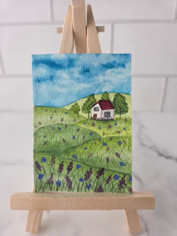 ACEO Original Watercolor Landscape with House, Handpainted 2.5x3.5" Mini Art aceo art card