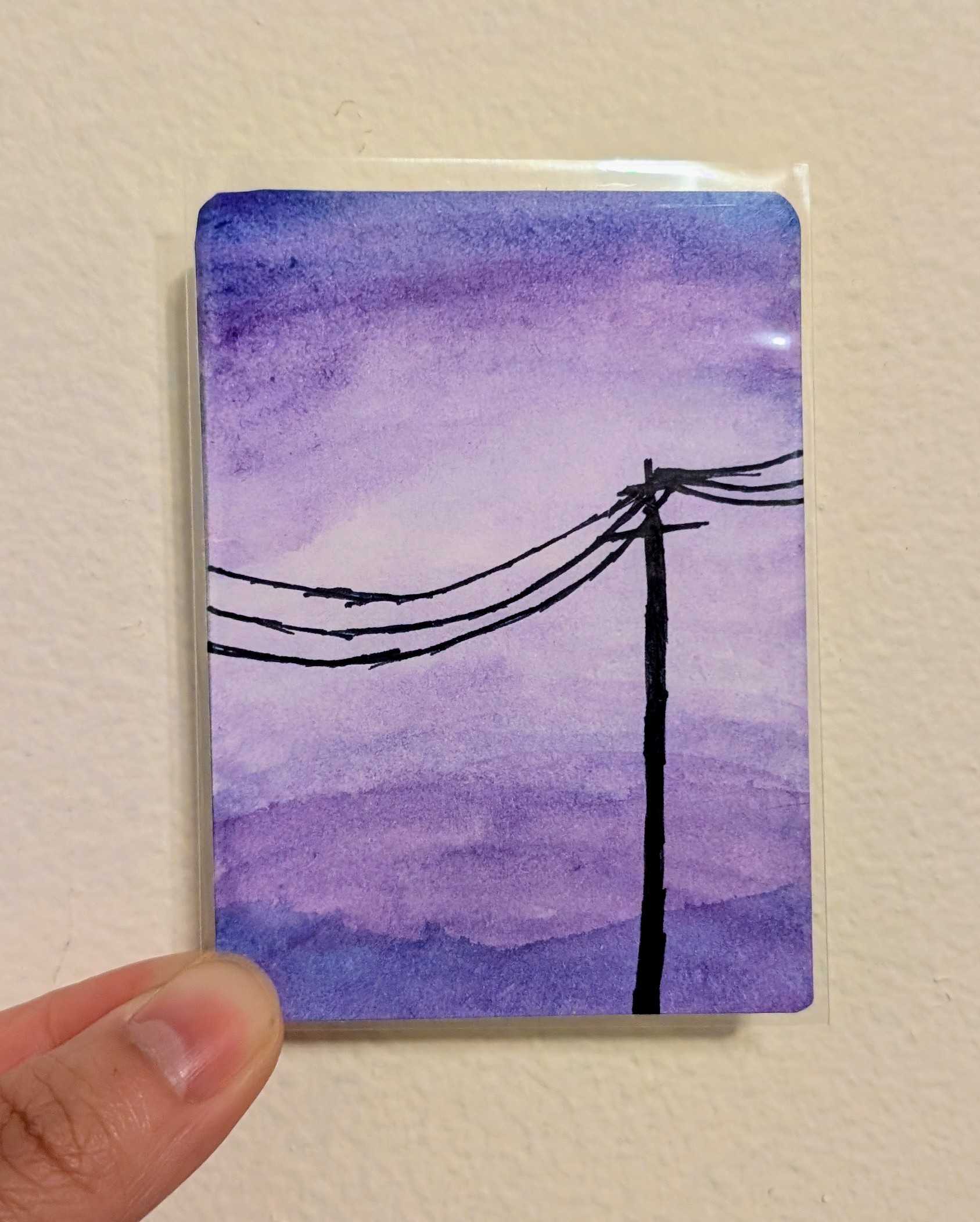 Purple sky and power Lines aceo art card