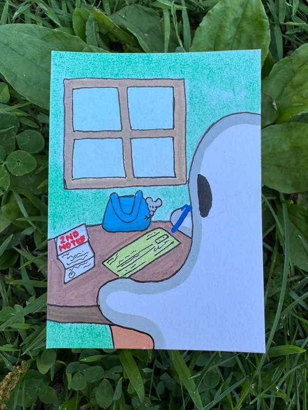 Gertrude runs Errands Series 5/8: Paying Bills aceo art card
