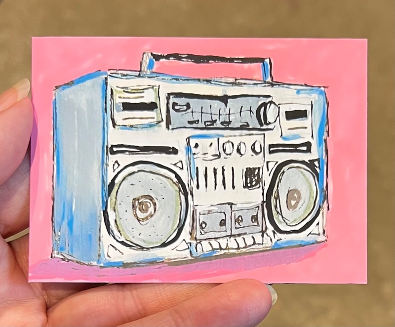 Acrylic painting of 80’s boombox on pink background aceo art card