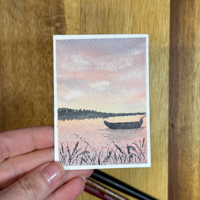 ACEO Watercolor, Landscape, Original, Marsh, “Boat in Pink Sky”, 3.5x2.5in, By Lark Watercolor aceo art card thumbnail 1