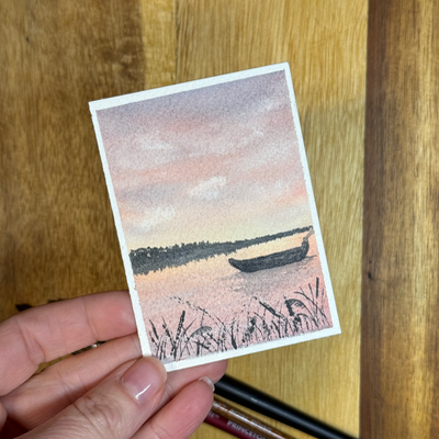ACEO Watercolor, Landscape, Original, Marsh, “Boat in Pink Sky”, 3.5x2.5in, By Lark Watercolor aceo art card thumbnail 2