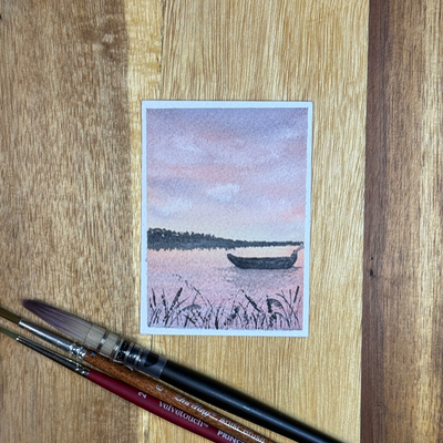 ACEO Watercolor, Landscape, Original, Marsh, “Boat in Pink Sky”, 3.5x2.5in, By Lark Watercolor aceo art card thumbnail 3