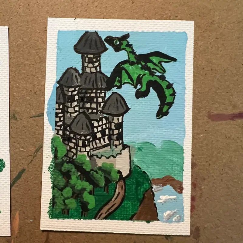 ACEO Original The Guardian Green Dragon Castle Cliff Lake Fantasy Acrylic Ink P&F Co aceo art card