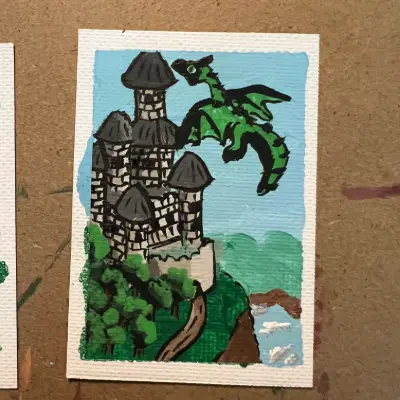 ACEO Original The Guardian Green Dragon Castle Cliff Lake Fantasy Acrylic Ink P&F Co aceo art card thumbnail 1
