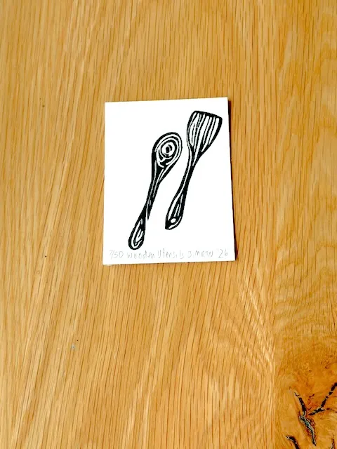 Wooden Utensils Hand-carved Rubber Stamp Block Print Mini ACEO aceo art card