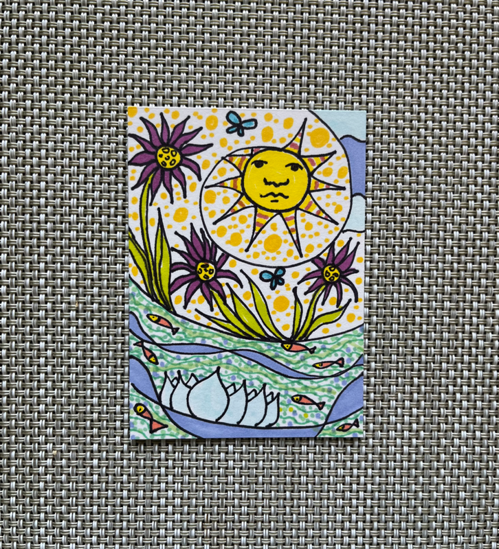 “The Warm Embrace of Happy Thoughts” Whimsical Sun, Flowers, Lotus, Fish aceo art card
