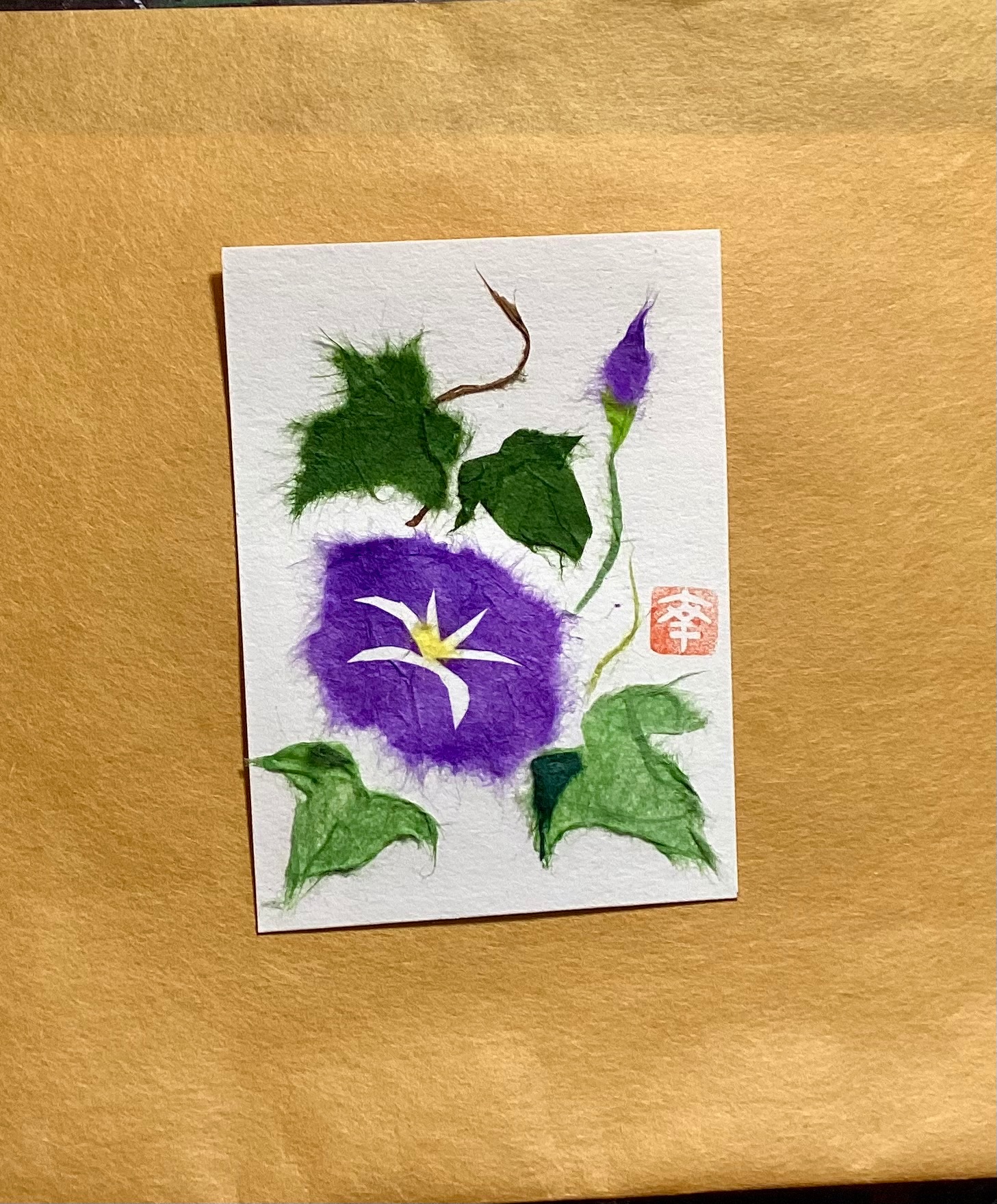Japanese washi art - Morning glory aceo art card