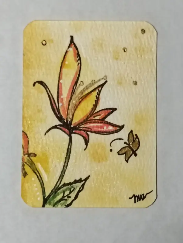 Golden Flameflower – Original ACEO, Acrylic & Ink, 2.5" x 3.5" aceo art card