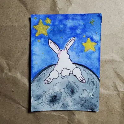 Rabbit Moon Sploot aceo art card thumbnail 2