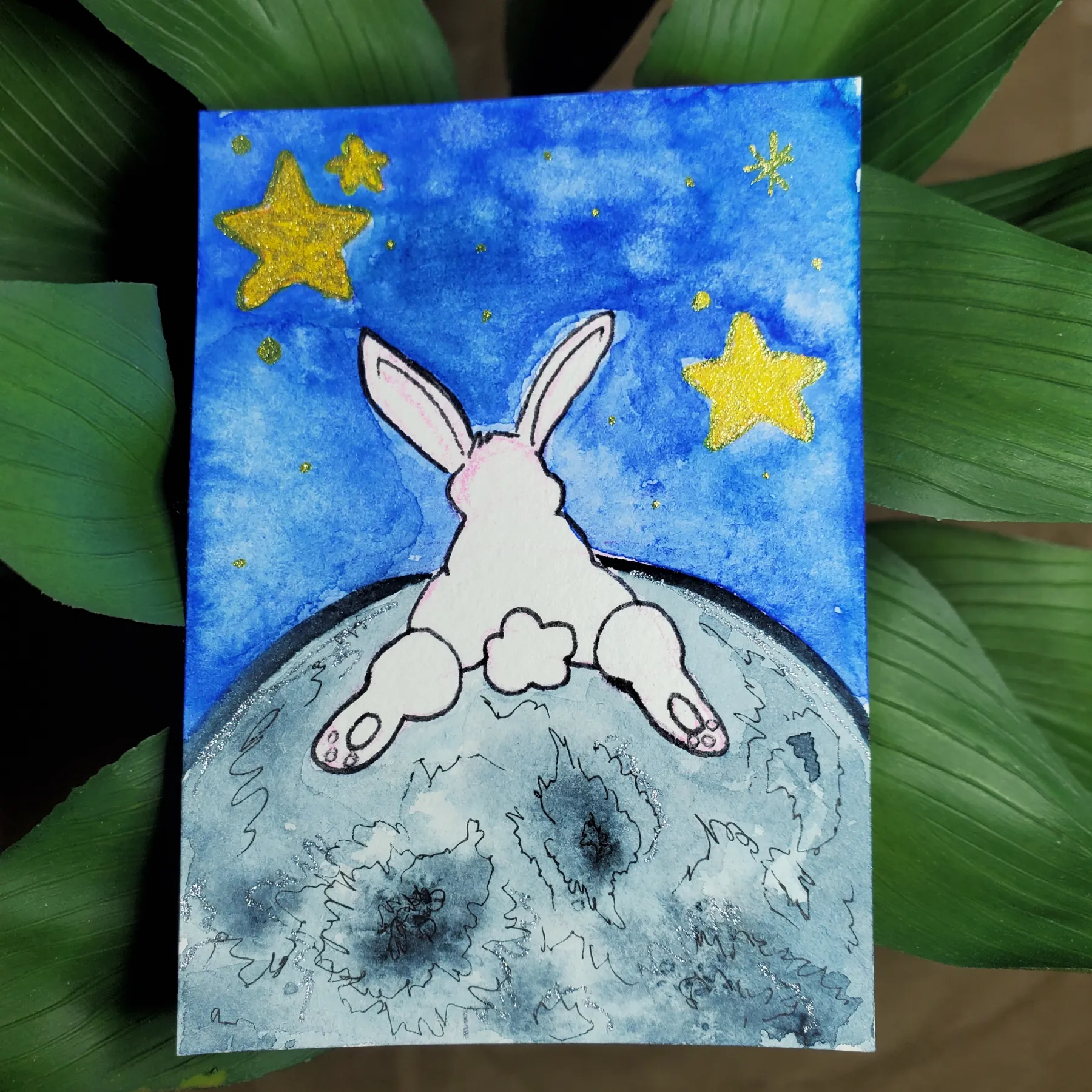 Rabbit Moon Sploot aceo art card