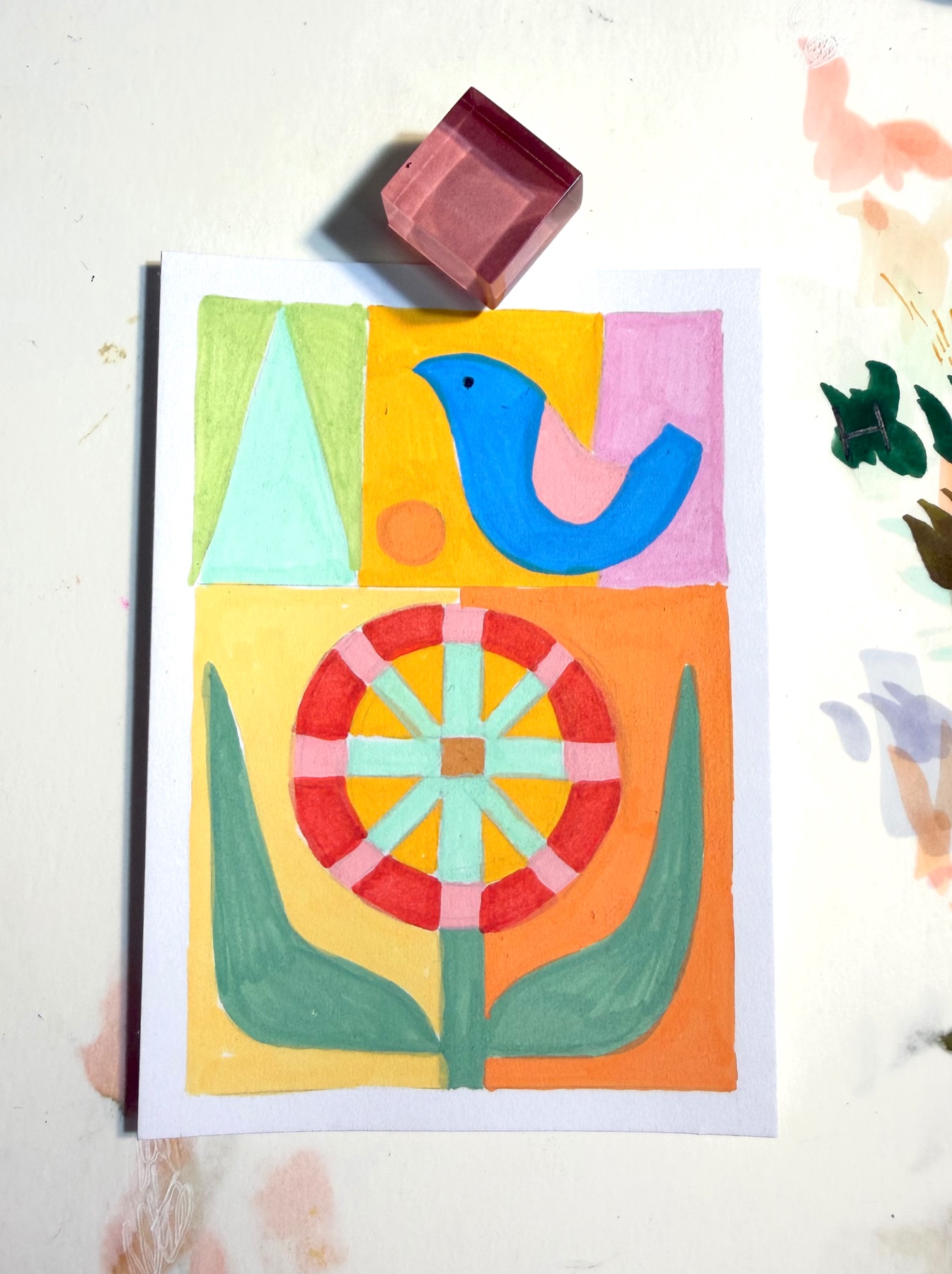 pinwheel quilt #6 blue bird & sun floral flower ACEO folk art aceo art card