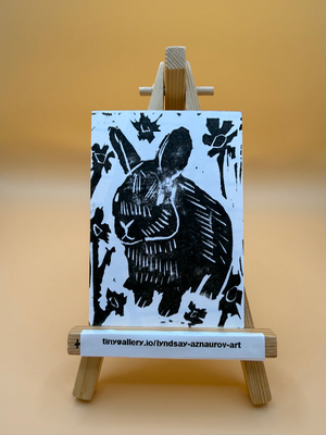Bunny Original linocut Print #4/50 by Lyndsay Aznaurov aceo art card thumbnail 1