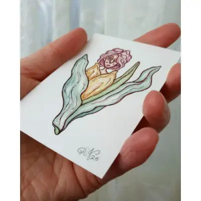 Yellow Tulip Lady aceo art card thumbnail 2