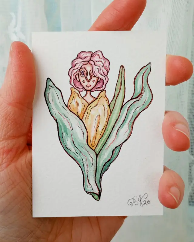 Yellow Tulip Lady aceo art card