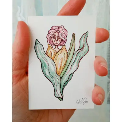 Yellow Tulip Lady aceo art card thumbnail 1