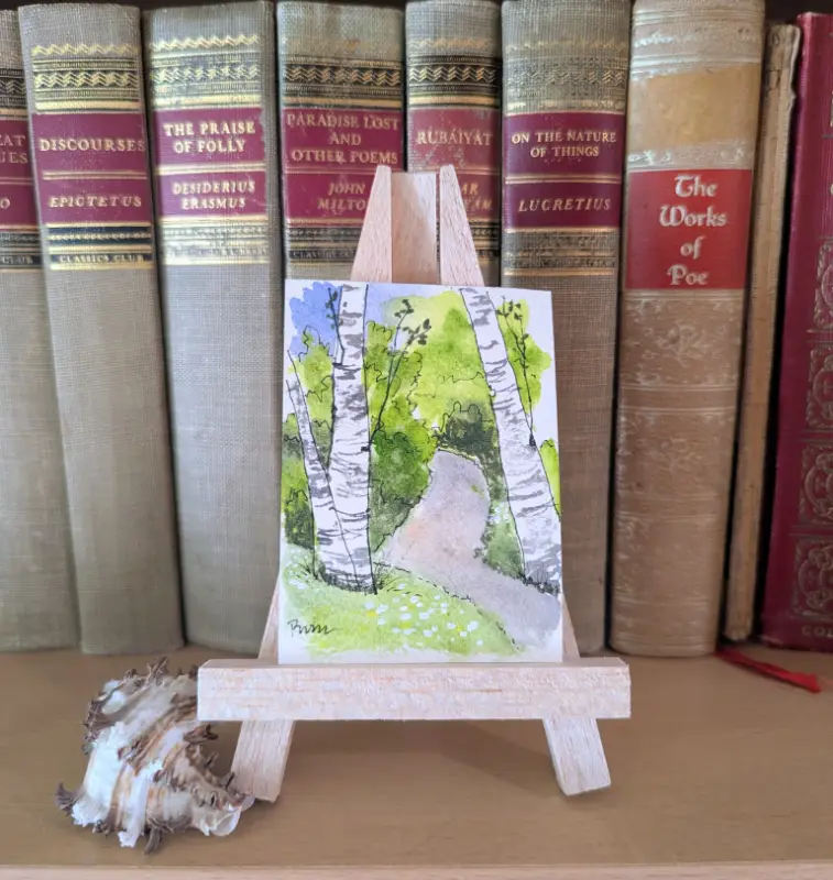 ACEO Original Watercolor Landscape Forest Birch Trees Path OOAK 2.5"x3.5" aceo art card