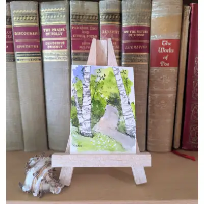 ACEO Original Watercolor Landscape Forest Birch Trees Path OOAK 2.5"x3.5" aceo art card thumbnail 1