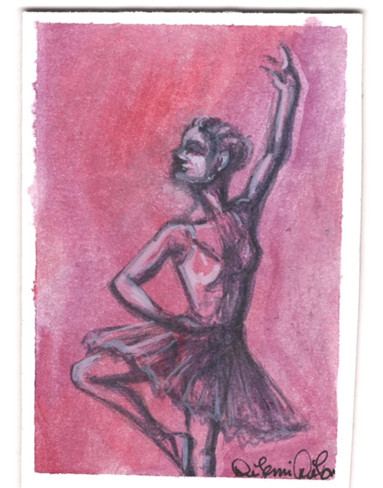 Ballerina Silhouette on pink background aceo art card