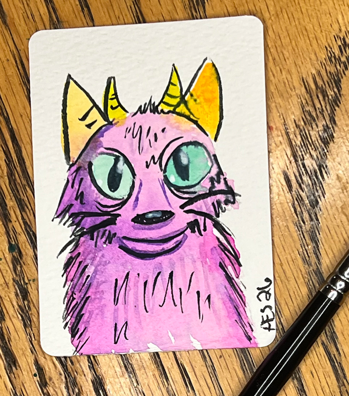 Pink KittyKat Monster aceo art card