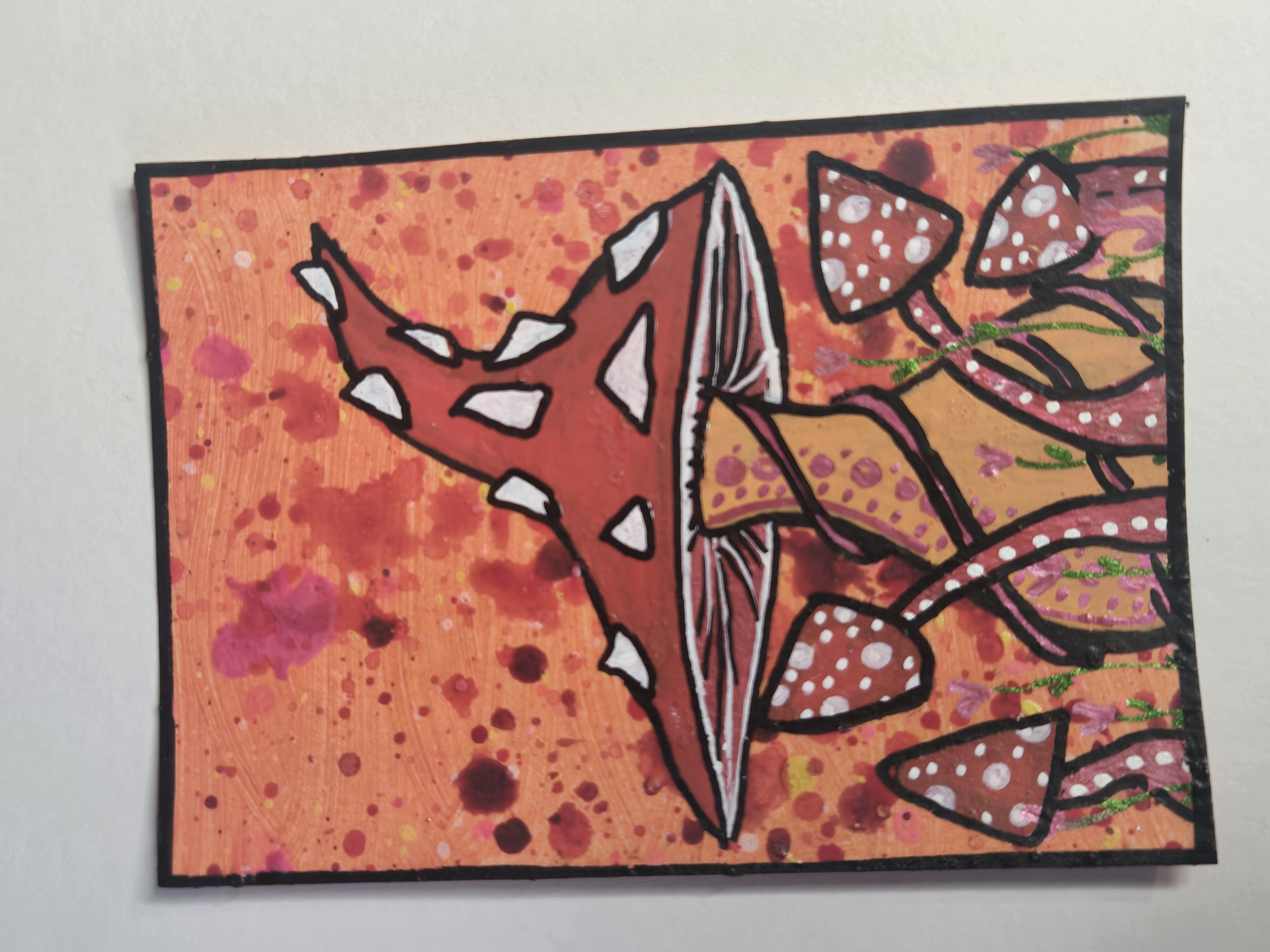 Ethereal scarlet toadstool-mushrooms- ACEO Original Painting 2.5x3.5- Artist- FOXI aceo art card