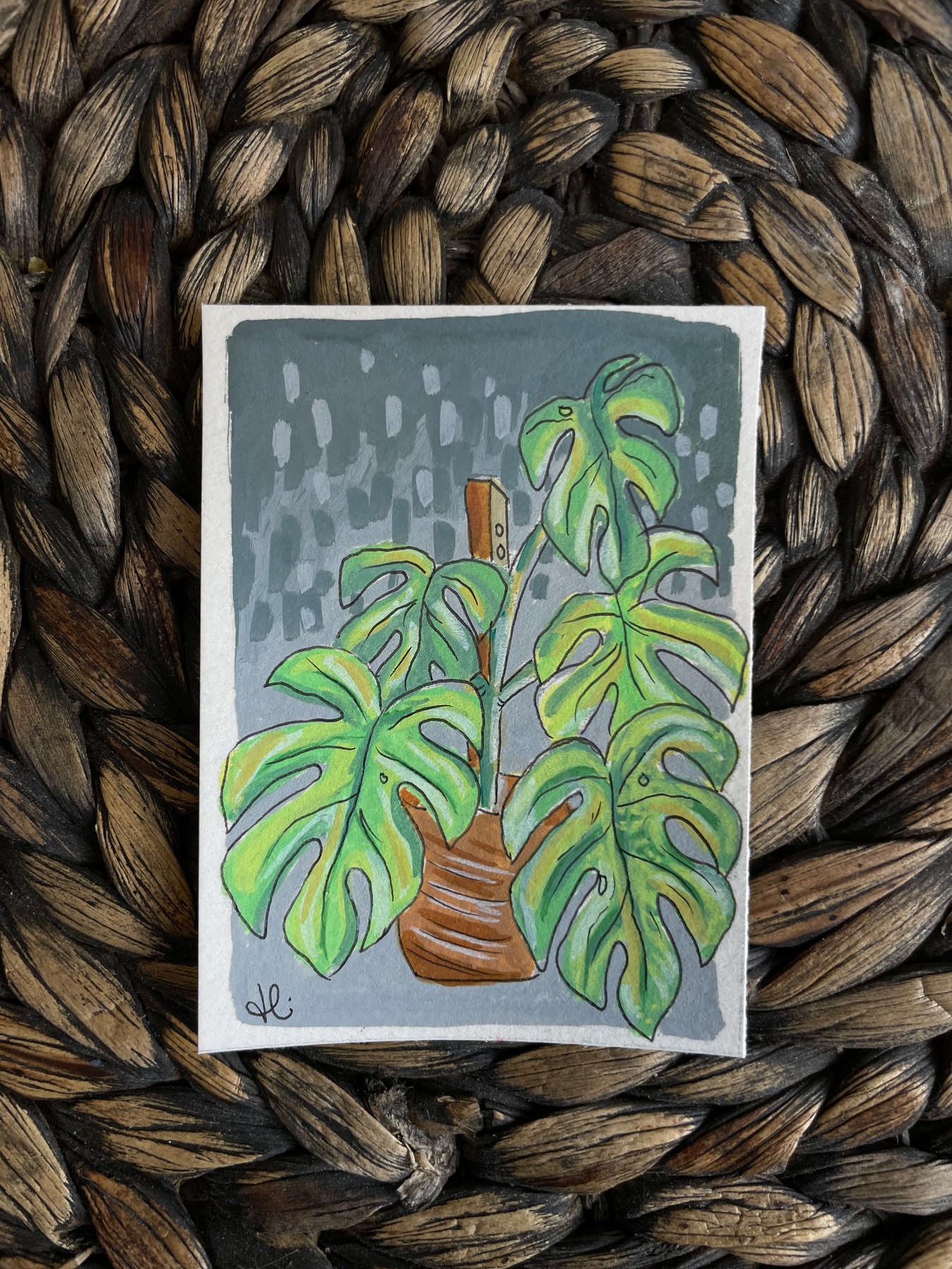 Monstera in Alcohol Markers + Acrylic aceo art card