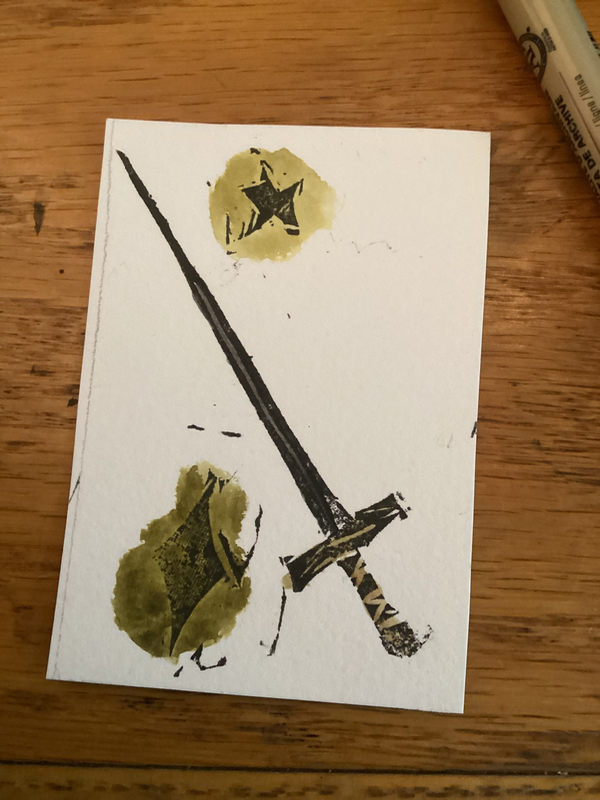 Sword and stars lino print 3/3 aceo art card