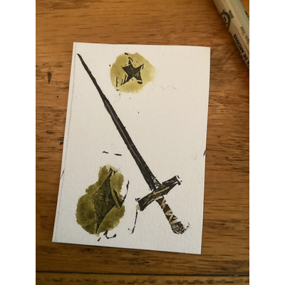 Sword and stars lino print 3/3 aceo art card thumbnail 1