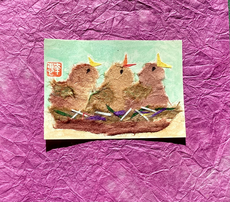 Japanese washi art - Bring me more food! aceo art card