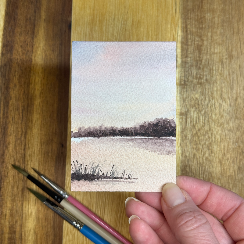 ACEO Watercolor, landscape original, Sky, pond, marsh, lake, abstract,,“Muted Pink Marsh”, 3.5x2.5in aceo art card