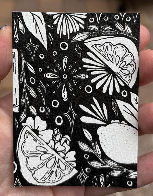 Ink Floral Lemon aceo art card