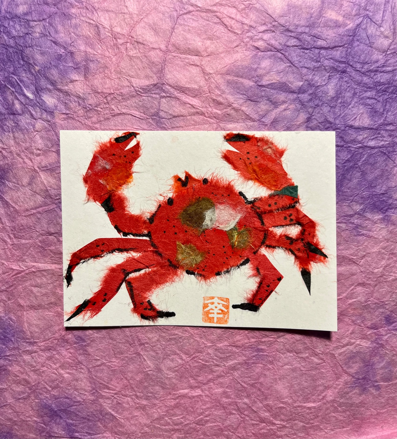 Japanese Washi art - red crab (Kani) aceo art card