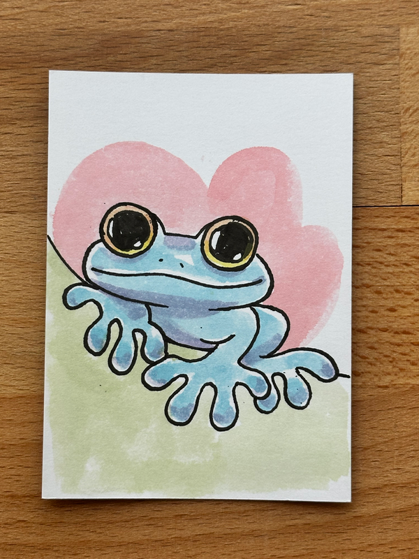 Original Smiley Blue Frog aceo art card