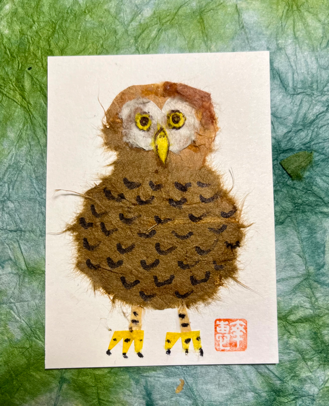 Japanese Washi art - owl (Fukuro) aceo art card