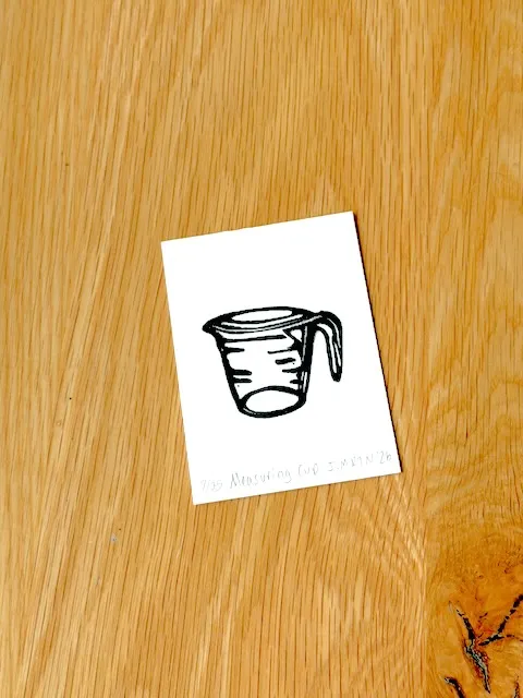 Glass Measuring Cup Hand-carved Rubber Stamp Block Print Mini ACEO aceo art card