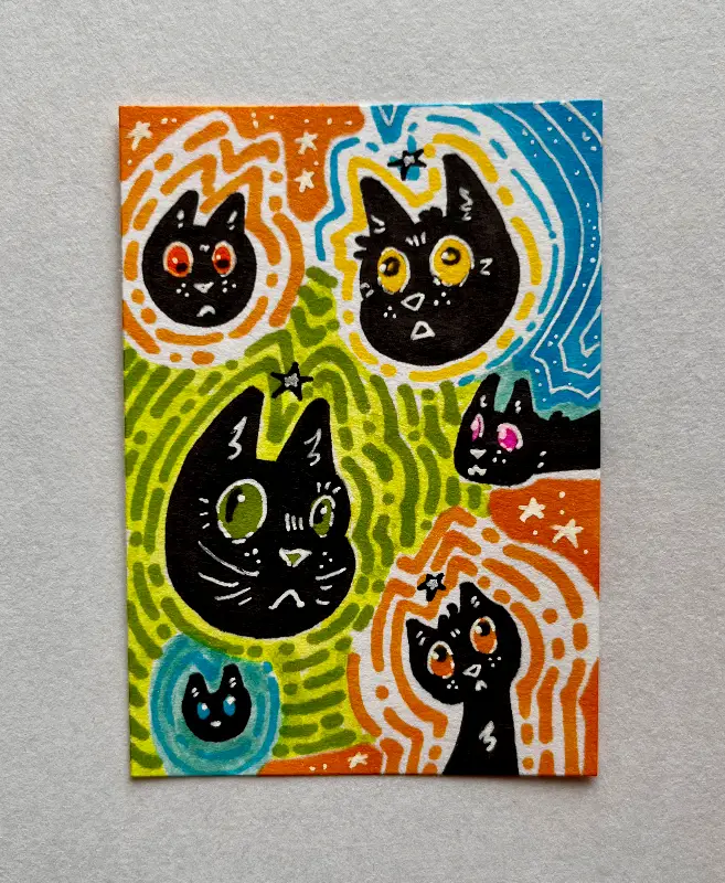 many cats, many faces | stand-alone, pen and marker aceo art card