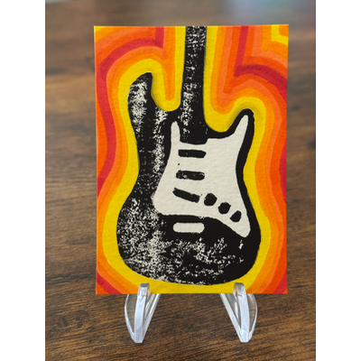 Stratocaster Vibes, Guitar, Hand-Carved Block Print Mixed Media aceo art card thumbnail 2