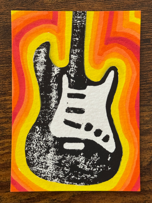 Stratocaster Vibes, Guitar, Hand-Carved Block Print Mixed Media aceo art card