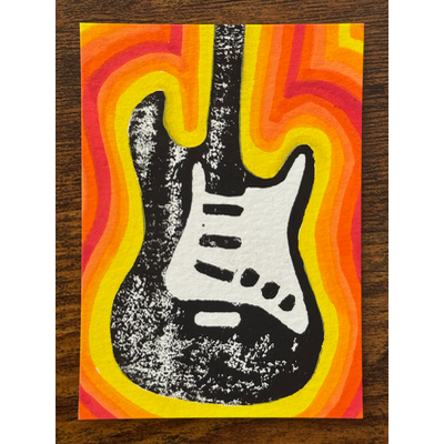 Stratocaster Vibes, Guitar, Hand-Carved Block Print Mixed Media aceo art card thumbnail 1
