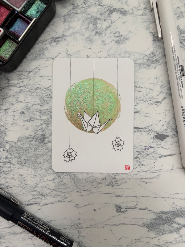 Paper crane origami animal | ink on metallic watercolor Japanese style aceo art card