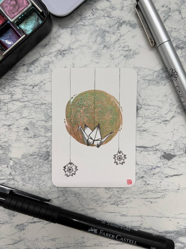 Paper crane origami animal | ink on metallic watercolor Japanese style aceo art card