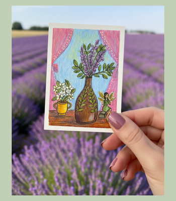 Lavender Still Life with Fairy ACEO - Colored Pencil Drawing on Illustration Board aceo art card thumbnail 2