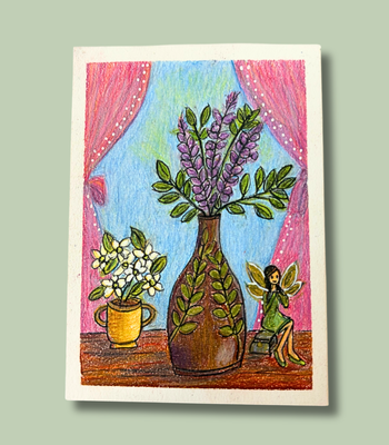 Lavender Still Life with Fairy ACEO - Colored Pencil Drawing on Illustration Board aceo art card thumbnail 1