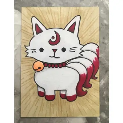 Yokai Wolf Puppy Art Spicy Fire Japanese Folklore Mythology Painting Cute Creature Kawaii aceo art card thumbnail 1