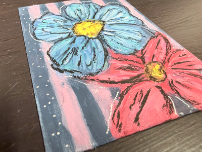 Original ACEO Art Whimsical Flowers and Stripes Art Oil Pastel Mini 2.5x3.5 aceo art card thumbnail 2