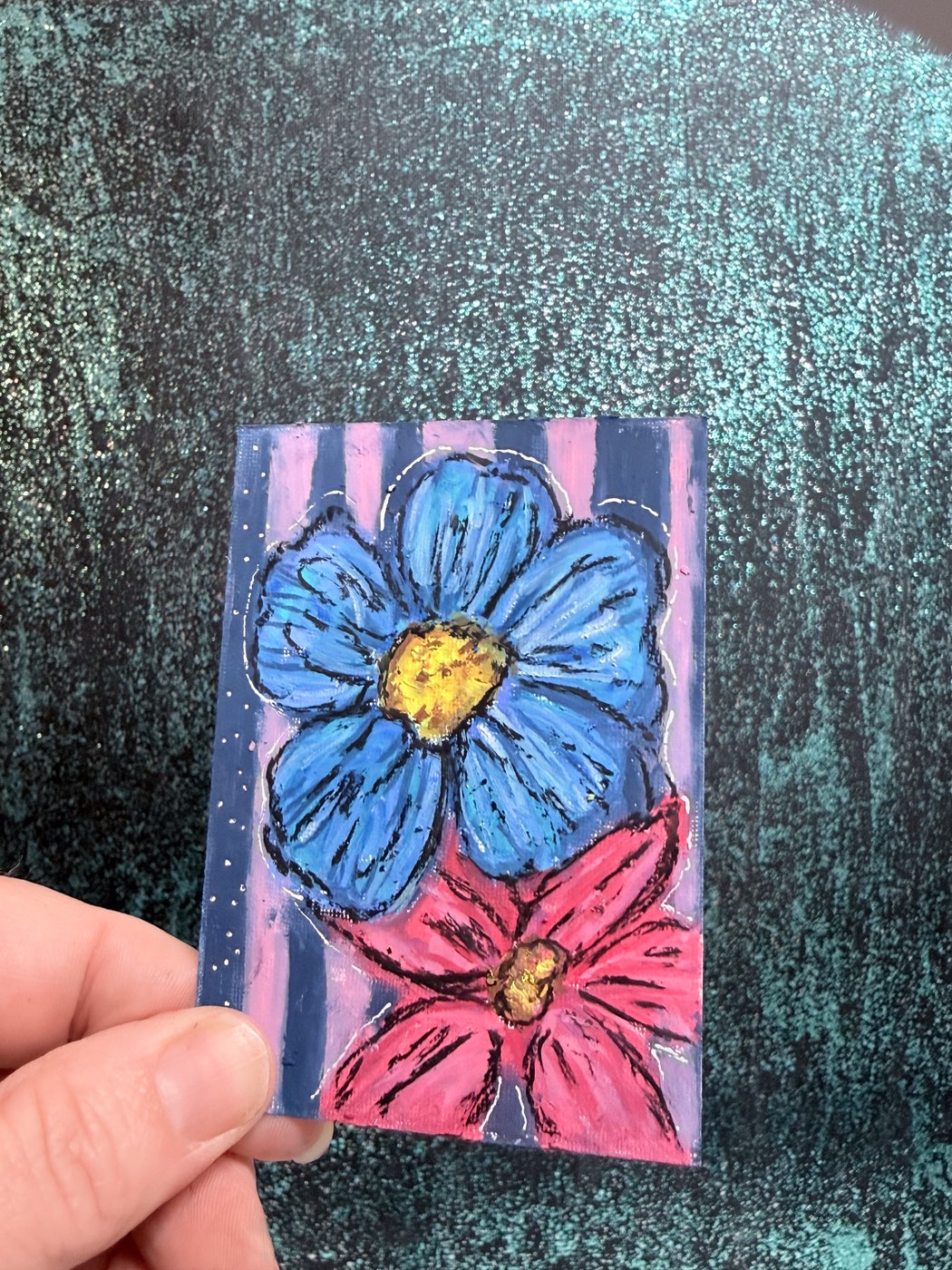 Original ACEO Art Whimsical Flowers and Stripes Art Oil Pastel Mini 2.5x3.5 aceo art card